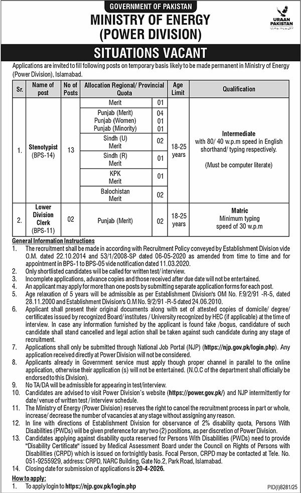 Ministry of Energy Jobs 2026 Online Apply – Latest Vacancies