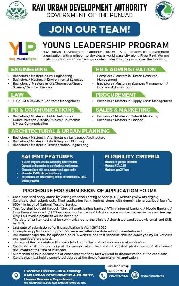 Ravi Urban Development Authority Jobs 2026 – YLP Program Advertisment