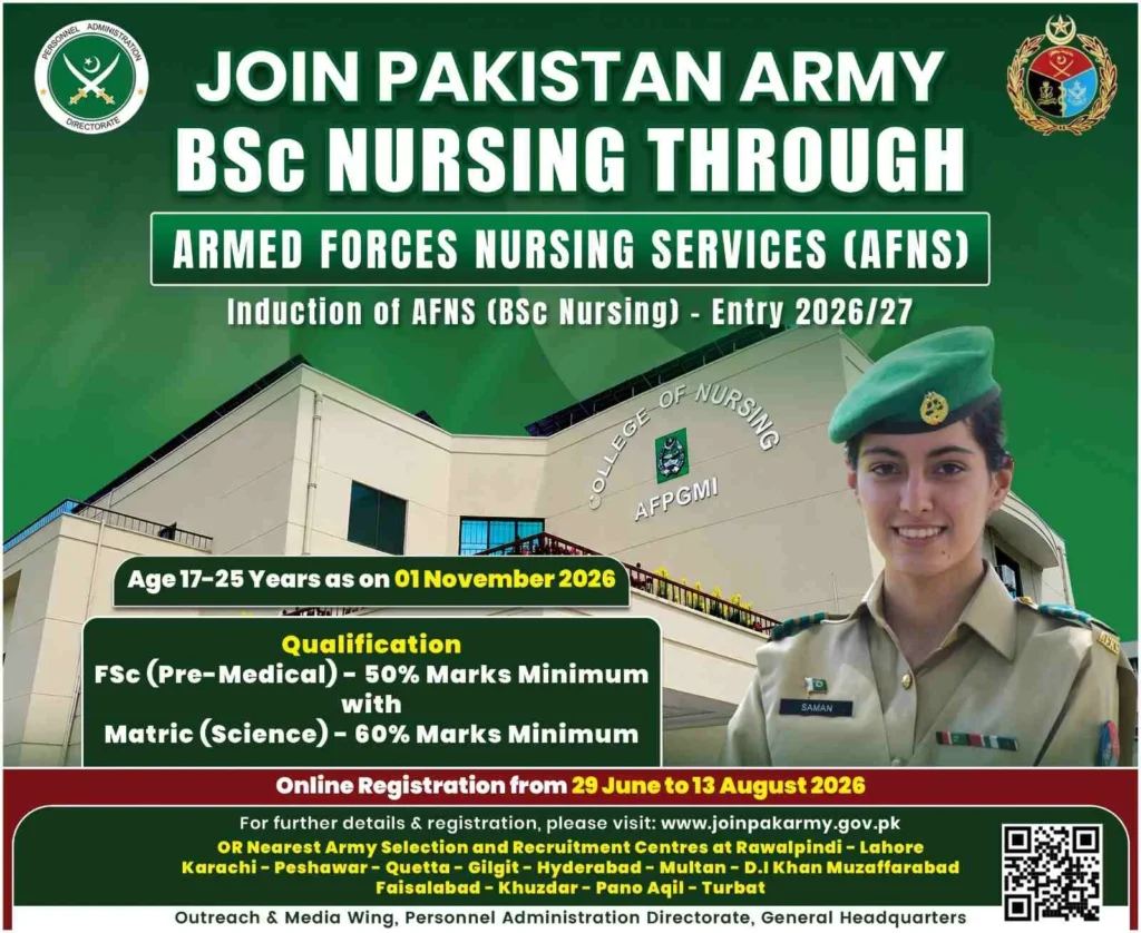 Pakistan Army AFNS BSc Nursing 2026 - Apply Online advertisment