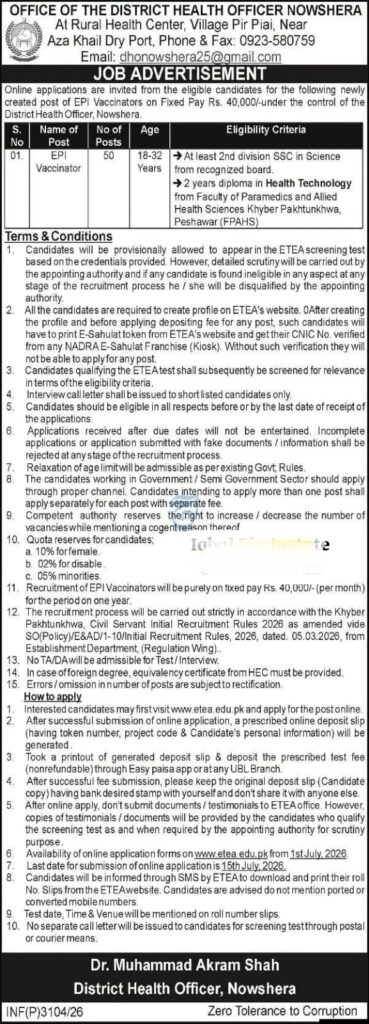 EPI Vaccinator Jobs Nowshera 2026 Advertisment