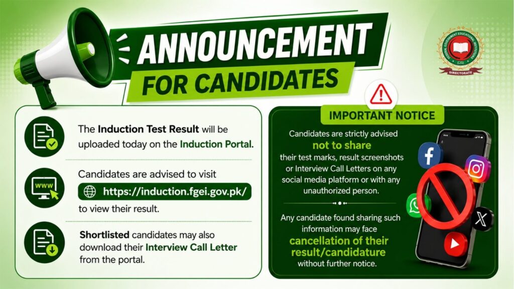 FGEI Jobs Result 2026 Merit List – Check EST Written Test Result Online at induction.fgei.gov.pk