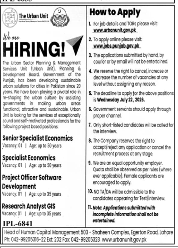 Urban Unit Jobs 2026 – Apply Online at jobs.punjab.gov.pk